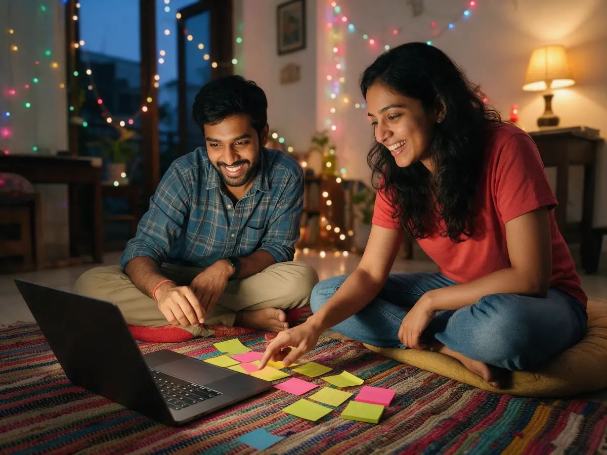 Two co-founders planning a launch on the floor with a laptop and sticky notes.