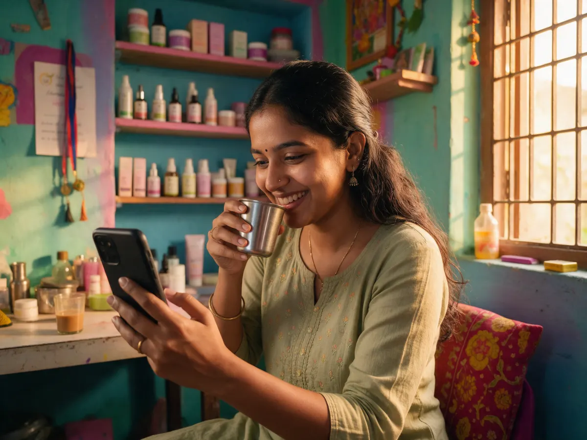 A founder sipping chai while checking her phone in her skincare studio.