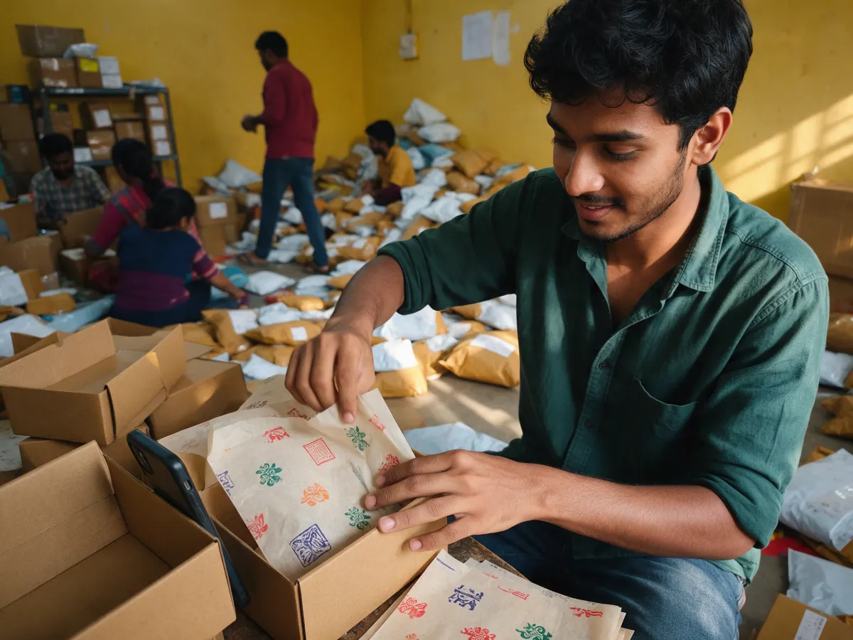 A young man packing orders with block-printed tissue in a busy packing room.